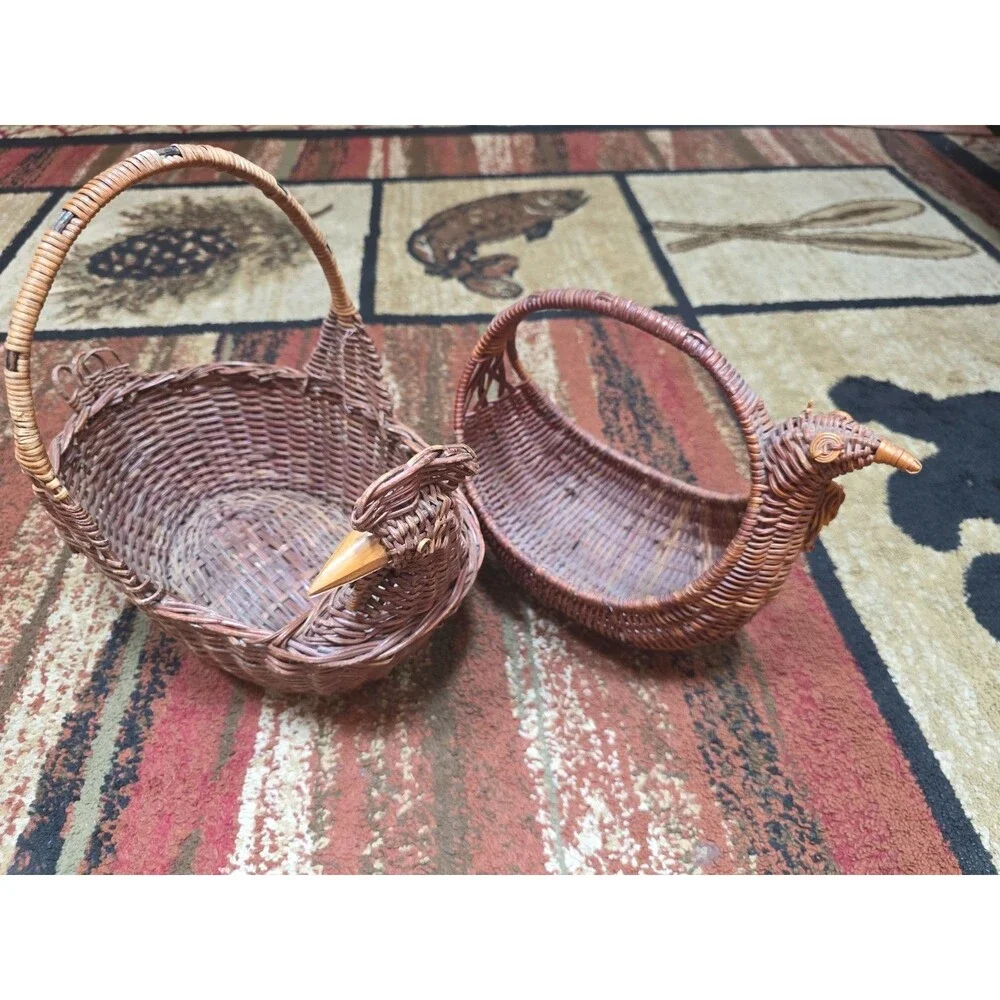 2 Rattan Wicker Baskets Chicken Rooster- Cottage Core Charm Farm House